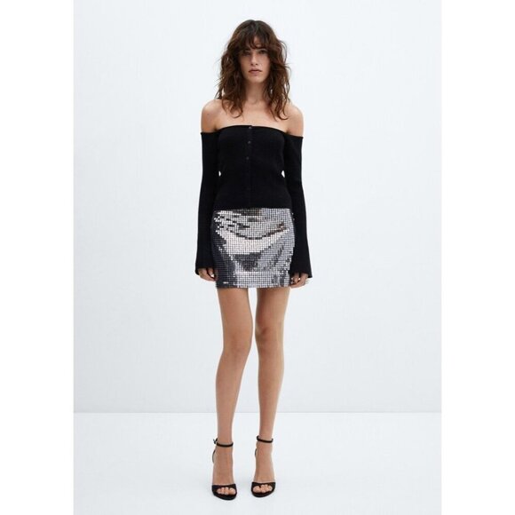 NWT MANGO Sequin Mini Skirt Size Large Black Silver Y2K - Picture 2 of 11